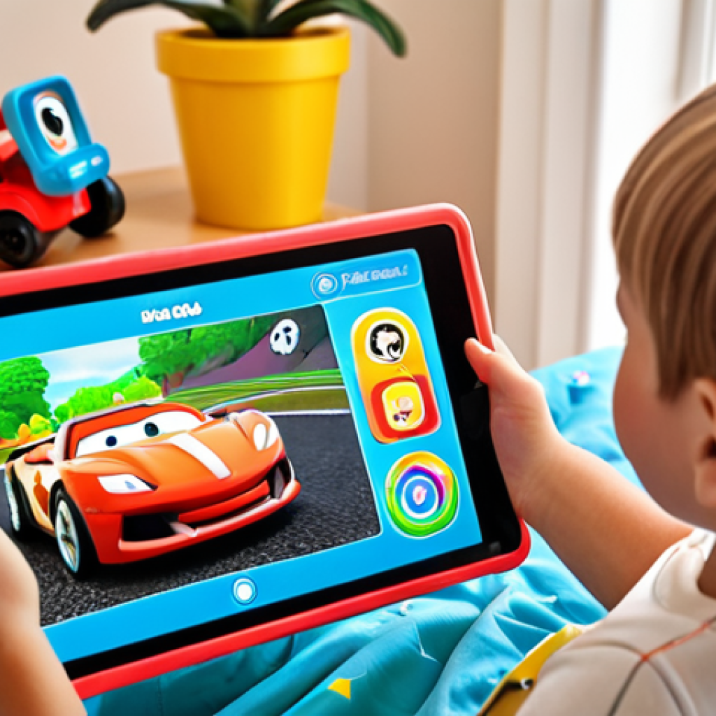 ** A brightly colored, modern children's bedroom. A child is happily interacting with a connected toy car that they are controlling with a smartphone. Augmented reality elements like virtual race tracks or cartoon characters are superimposed onto the real environment via the phone's screen. Show a parent in the background, smiling and observing, with a tablet displaying data about the child's learning progress. The overall atmosphere is positive, educational, and playful.

**