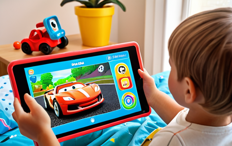 ** A brightly colored, modern children's bedroom. A child is happily interacting with a connected toy car that they are controlling with a smartphone. Augmented reality elements like virtual race tracks or cartoon characters are superimposed onto the real environment via the phone's screen. Show a parent in the background, smiling and observing, with a tablet displaying data about the child's learning progress. The overall atmosphere is positive, educational, and playful.
**