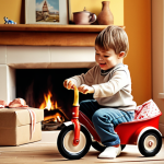 **

A vibrant and joyful scene of a child unwrapping their first tricycle, with a nostalgic and warm filter, evoking childhood memories. The background should be a cozy and inviting home setting, typical of a French family.

**