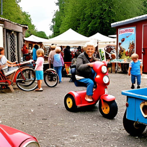Home 25 **
A cluttered but cheerful scene at a flea market or "brocante" in France. An assortment of used children's riding toys are displayed: a slightly rusty red tricycle, a faded blue pedal car, and a partially disassembled electric Jeep. In the background, other vendors sell various vintage items. Focus on the "charm of discovery" aspect, with people happily browsing and haggling over prices. Aim for a warm, slightly nostalgic color palette.
**