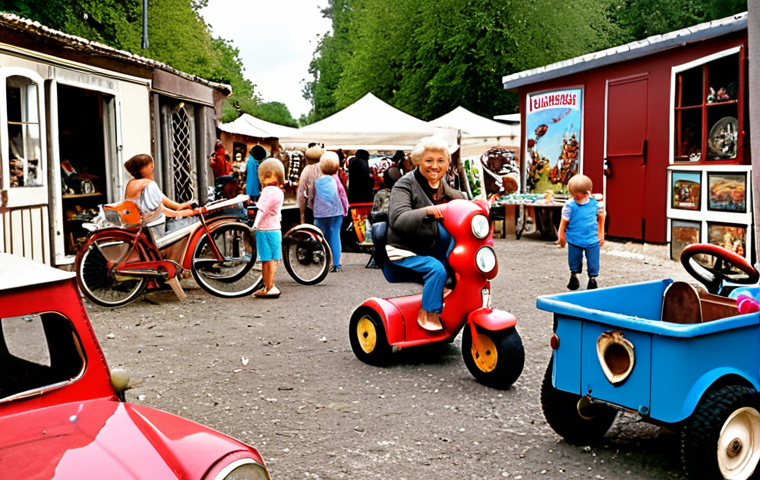 **
A cluttered but cheerful scene at a flea market or "brocante" in France. An assortment of used children's riding toys are displayed: a slightly rusty red tricycle, a faded blue pedal car, and a partially disassembled electric Jeep. In the background, other vendors sell various vintage items. Focus on the "charm of discovery" aspect, with people happily browsing and haggling over prices. Aim for a warm, slightly nostalgic color palette.
**
