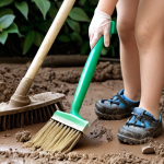** A close-up shot of a child's scooter or bike, heavily covered in dried mud and dirt, in an outdoor setting like a garden or balcony. An adult's hands, wearing protective gloves, are starting to remove the largest debris with a hard-bristle brush or old spatula. A bucket of water and other initial cleaning tools are visible nearby, capturing the relatable challenge of a messy clean-up. Natural light, focus on the contrast between dirt and the effort to clean.

2.  **Prompt for