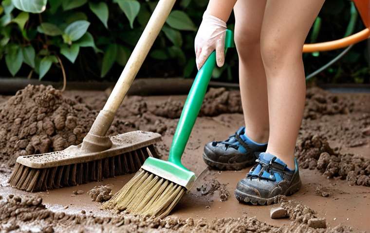 ** A close-up shot of a child's scooter or bike, heavily covered in dried mud and dirt, in an outdoor setting like a garden or balcony. An adult's hands, wearing protective gloves, are starting to remove the largest debris with a hard-bristle brush or old spatula. A bucket of water and other initial cleaning tools are visible nearby, capturing the relatable challenge of a messy clean-up. Natural light, focus on the contrast between dirt and the effort to clean.
2. **Prompt for