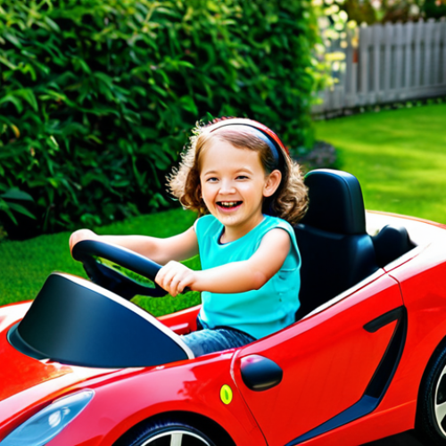 Home 22 A happy young child, fully clothed in modest play attire, driving a vibrant red electric ride-on car equipped with a visible Bluetooth speaker, music subtly playing from it. The child's face is filled with pure joy and wonder, eyes sparkling, as they navigate a lush green backyard on a sunny day. The scene is captured with soft, natural lighting, emphasizing a fun and safe play environment. Perfect anatomy, correct proportions, natural pose, well-formed hands, proper finger count, natural body proportions. Safe for work, appropriate content, fully clothed, family-friendly, professional photography, high quality, ultra-detailed.