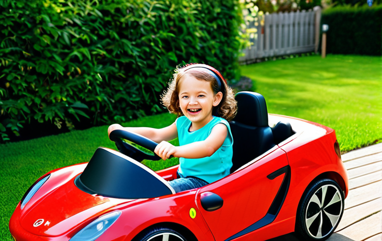 A happy young child, fully clothed in modest play attire, driving a vibrant red electric ride-on car equipped with a visible Bluetooth speaker, music subtly playing from it. The child's face is filled with pure joy and wonder, eyes sparkling, as they navigate a lush green backyard on a sunny day. The scene is captured with soft, natural lighting, emphasizing a fun and safe play environment. Perfect anatomy, correct proportions, natural pose, well-formed hands, proper finger count, natural body proportions. Safe for work, appropriate content, fully clothed, family-friendly, professional photography, high quality, ultra-detailed.