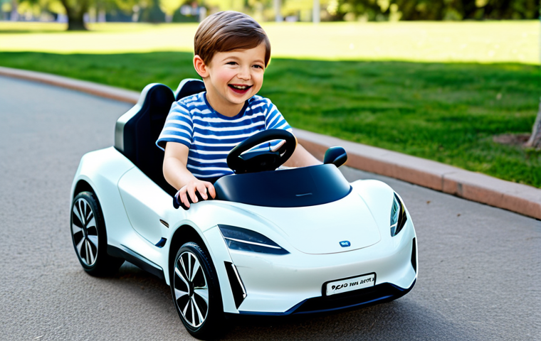 A joyful 5-year-old child, fully clothed in modest, comfortable play attire, confidently driving a sleek, modern electric toy car. The car features a realistic design, robust wheels, and functional headlights. The child's expression is one of pure happiness and adventure. The setting is a sunny outdoor park with a paved path and green grass in the background. The scene is captured with professional photography, showcasing high detail and vibrant colors. safe for work, appropriate content, family-friendly, perfect anatomy, correct proportions, natural pose, well-formed hands, proper finger count, natural body proportions.
