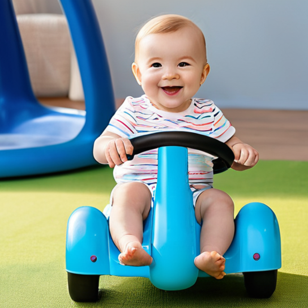 승용완구 초보자용 모델 - **Prompt Title: Joyful First Steps with a Stable Ride-On**
    A happy and curious baby, approximate...
