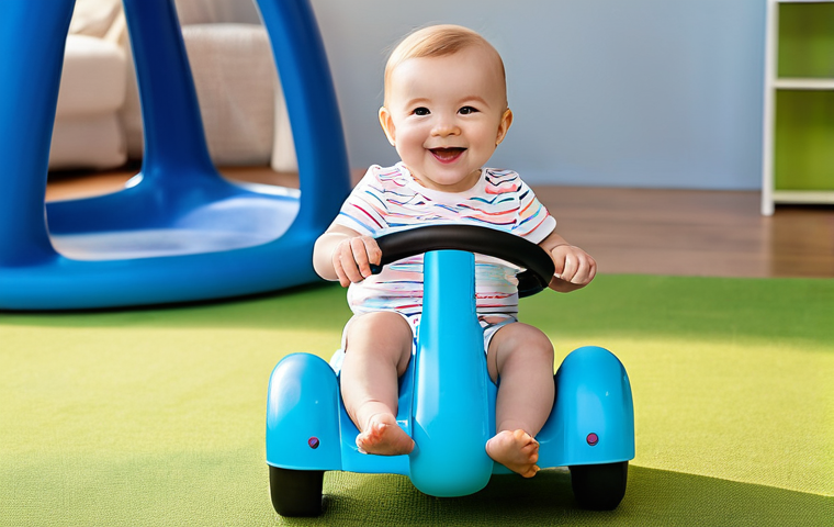 승용완구 초보자용 모델 - **Prompt Title: Joyful First Steps with a Stable Ride-On**
    A happy and curious baby, approximate...