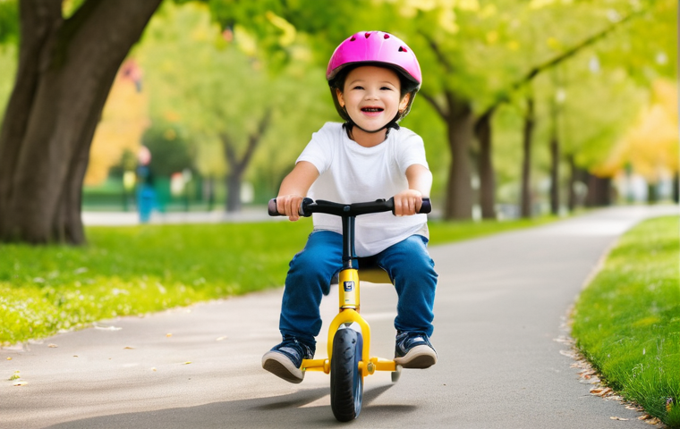 승용완구 초보자용 모델 - **Prompt Title: Joyful First Steps with a Stable Ride-On**
    A happy and curious baby, approximate...