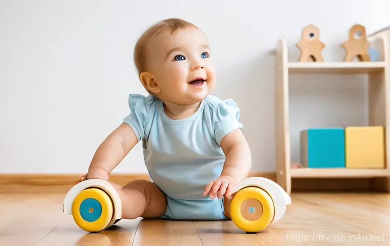 승용완구 클래식 스타일 - **Prompt 1: Joyful Discovery with a Wooden Push-Along**
    "A happy, fair-skinned toddler, approxim...