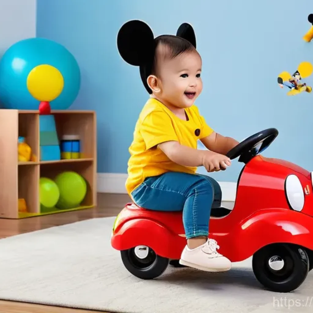 승용완구 인기 캐릭터 디자인 - **"A joyful toddler, wearing a clean diaper and a vibrant yellow t-shirt, is happily riding a classi...
