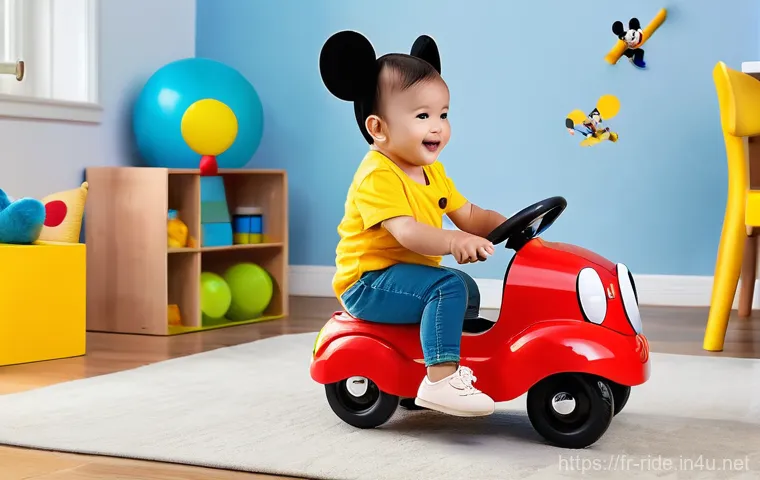 승용완구 인기 캐릭터 디자인 - **"A joyful toddler, wearing a clean diaper and a vibrant yellow t-shirt, is happily riding a classi...