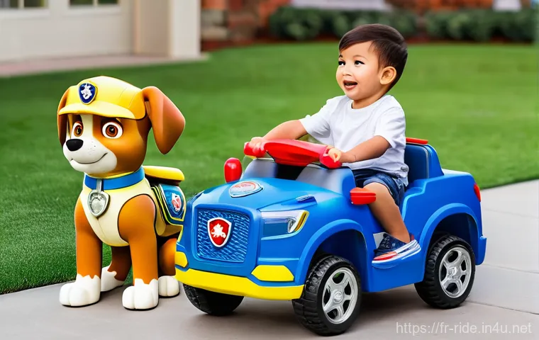 승용완구 인기 캐릭터 디자인 - **"A joyful toddler, wearing a clean diaper and a vibrant yellow t-shirt, is happily riding a classi...