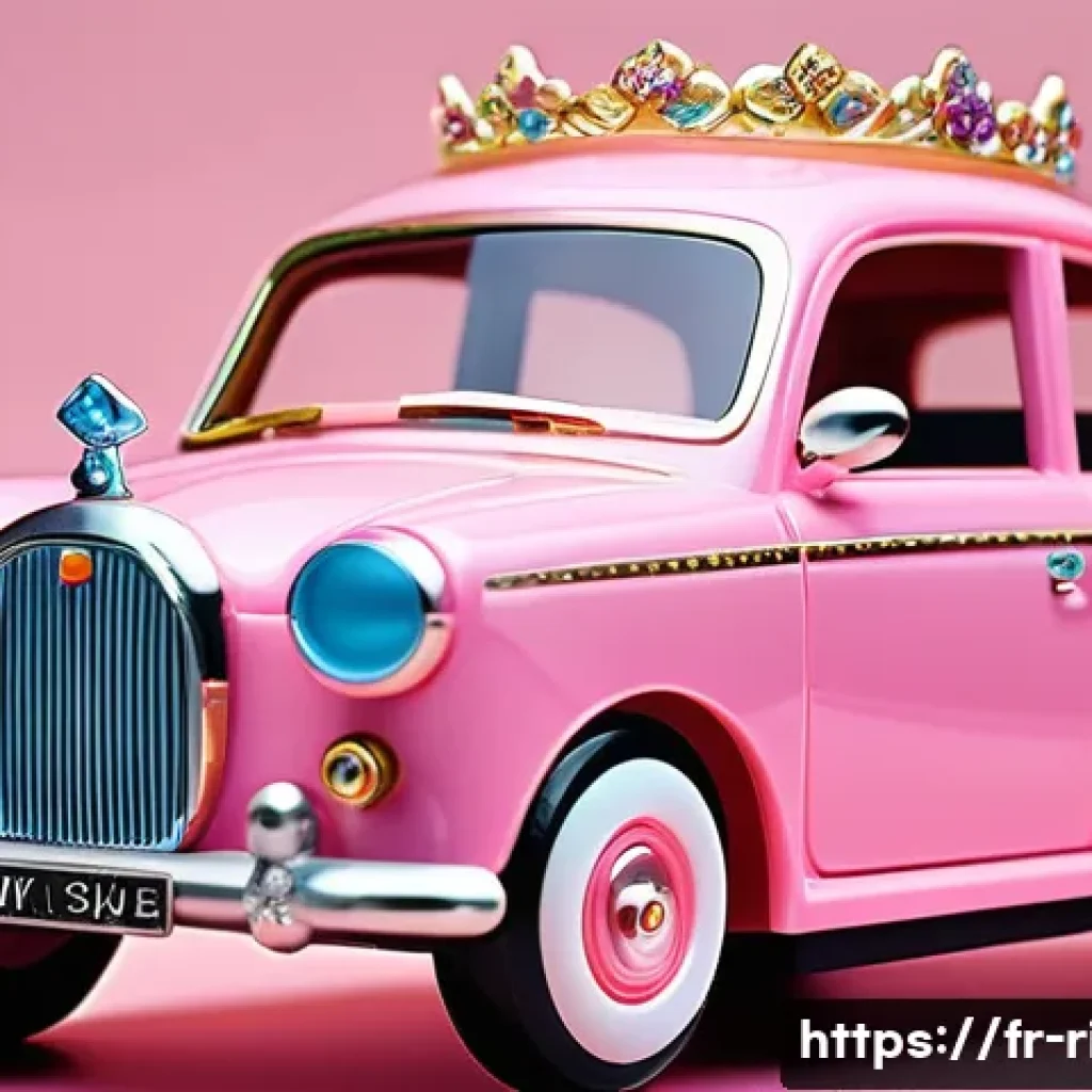 승용완구 공주 테마 - A detailed close-up of a miniature princess-themed car made from durable ABS plastic with flexible P...
