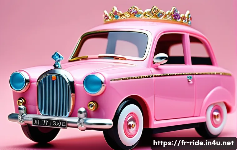 승용완구 공주 테마 - A detailed close-up of a miniature princess-themed car made from durable ABS plastic with flexible P...