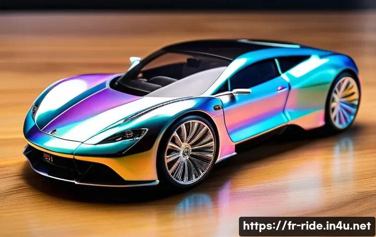 승용완구 패션 요소 강조 - A high-end miniature luxury car model displayed on a polished wooden surface, featuring sleek futuri...