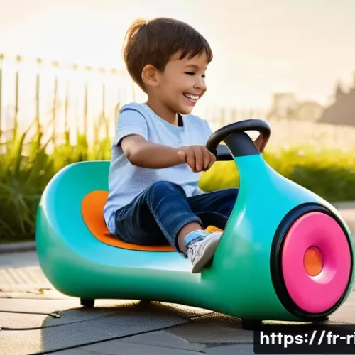 승용완구 이색 디자인 - A vibrant, futuristic pedal toy for children aged 5-8, featuring bold neon and pastel colors with gr...
