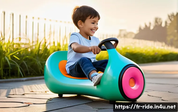 승용완구 이색 디자인 - A vibrant, futuristic pedal toy for children aged 5-8, featuring bold neon and pastel colors with gr...