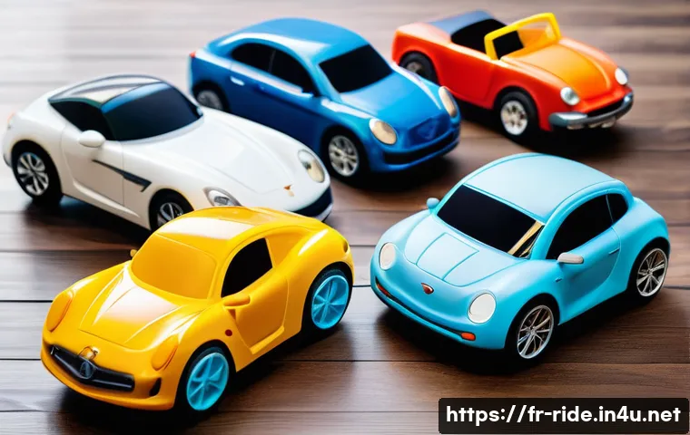 승용완구 저가형 분석 - A detailed scene showing a collection of affordable toy cars designed for toddlers aged 1 to 3 years...