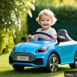 승용완구 크리스마스 선물 - A cheerful toddler aged 2-3 years sitting securely in a colorful, lightweight electric ride-on car w...