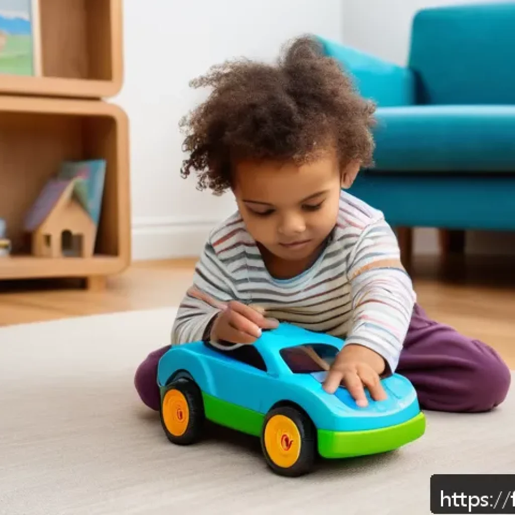 승용완구 스펙 비교표 - A close-up of a child aged about 3 years old playing with an eco-friendly toy car made of recycled m...