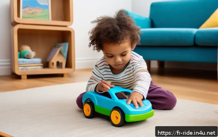승용완구 스펙 비교표 - A close-up of a child aged about 3 years old playing with an eco-friendly toy car made of recycled m...