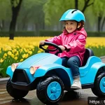 승용완구 시즌별 베스트셀러 - A vibrant spring scene featuring a child driving a stylish electric toy car with waterproof ABS plas...