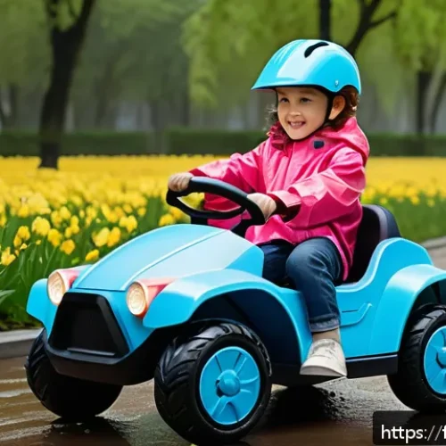 승용완구 시즌별 베스트셀러 - A vibrant spring scene featuring a child driving a stylish electric toy car with waterproof ABS plas...