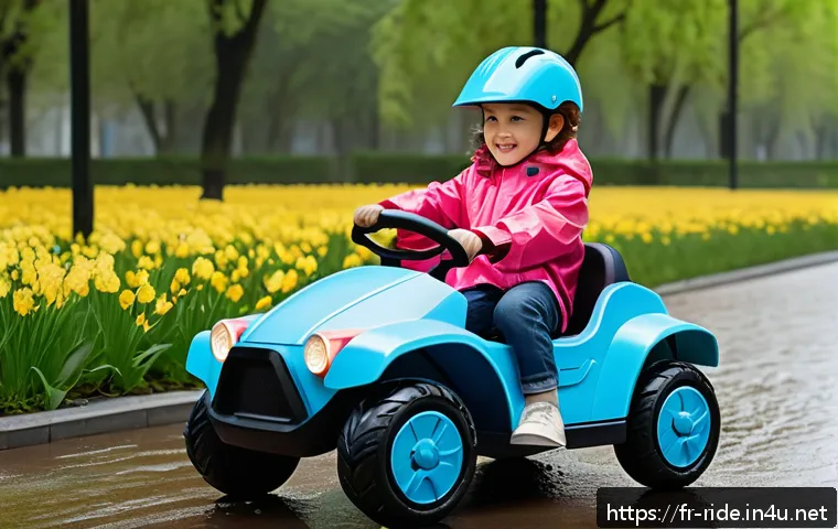 승용완구 시즌별 베스트셀러 - A vibrant spring scene featuring a child driving a stylish electric toy car with waterproof ABS plas...