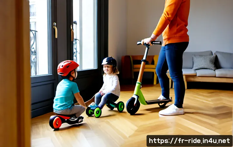 Home 17 승용완구 최신 유행 - Photorealistic lifestyle scene of a stylish French family comparing the latest ride-on toys in a bri...