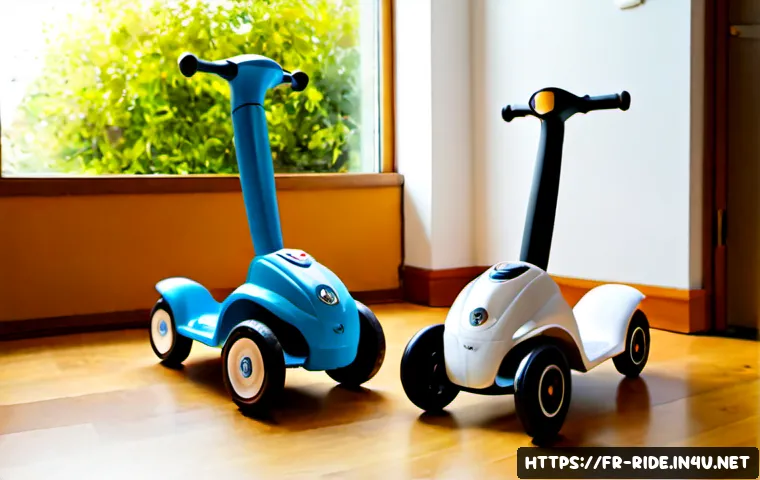 승용완구 경쟁 제품 비교 - Photorealistic side-by-side comparison of two unbranded toddler ride-on toys in a bright French fami...